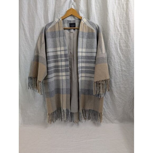 Helene London women's size Large plaid wool blend jacket with fringe neutral - Picture 1 of 11